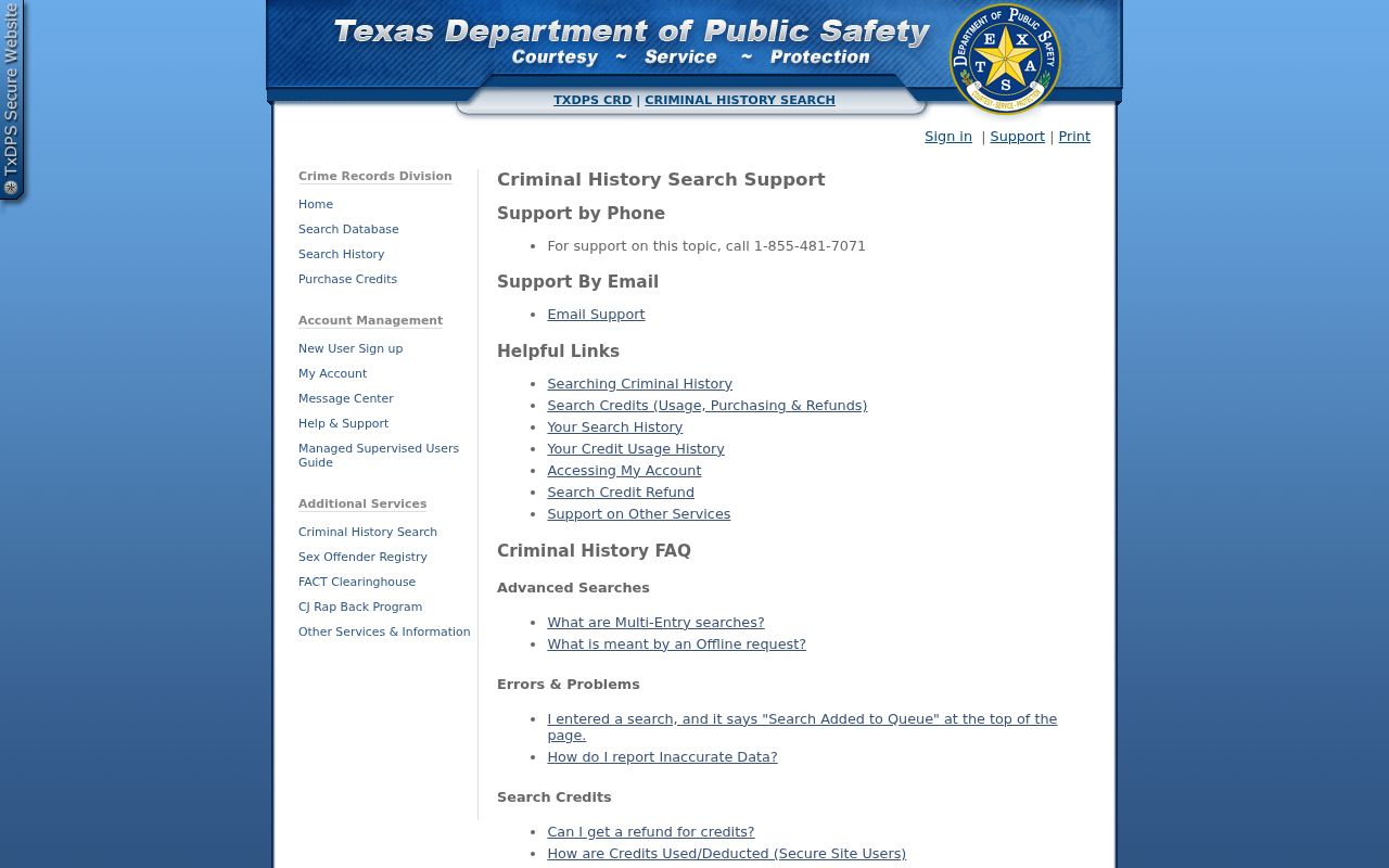Zapata County criminal record DPS search support screen