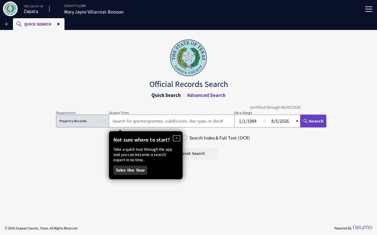 Zapata County official records interface not for criminal cases