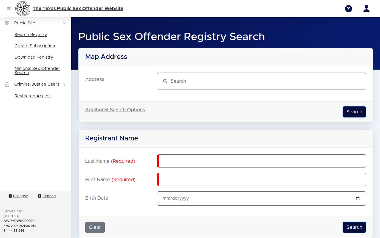 Zapata County sex offender registry search interface from Texas DPS